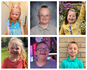 A collage of six smiling children with Down syndrome arranged in two rows of three. The photos include a mix of indoor and outdoor settings, with each child facing the camera. They are dressed in colorful, casual clothing—such as patterned dresses, striped shirts, and bright tops—and appear happy and expressive, with some wearing glasses or hair accessories. The backgrounds vary from home interiors and school-style portraits to outdoor greenery and a brick wall.